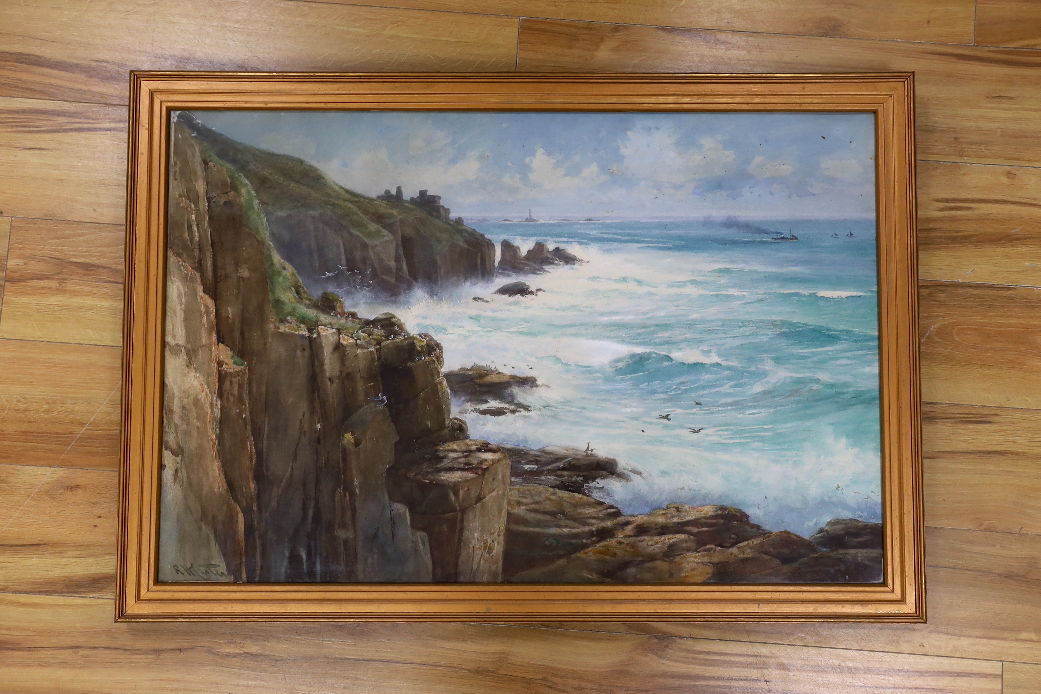 19th / 20th century heightened watercolour, Rocky coastal scene, indistinctly signed R Heath?, 90 x 59cm